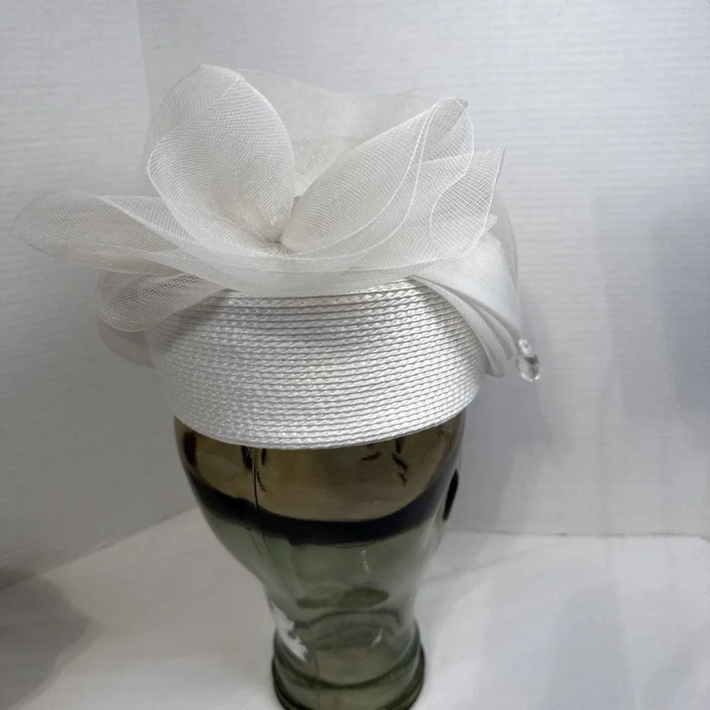 White Church Derby Hat Lg Bow Rhinestone, Formal Wedding Tea Party W/Hard Box
